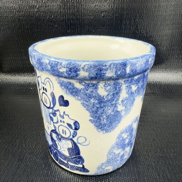 Farmhouse Pig Kitchen Utensil Vase Container Hand Made Signed Blue Gray Pottery - Picture 2 of 12